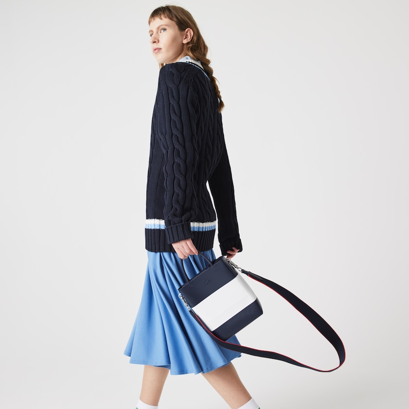 Bolsas Azul Marinho Branco Vermelhas Feminino Lacoste Chantaco Rectangular Color Blocked Piqué Leather Bucket Bag EE0-41664I5