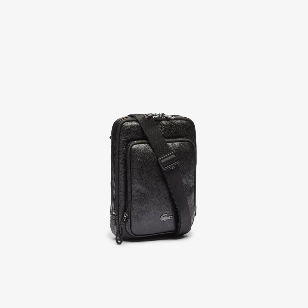 Bolsas Pretas Masculino Lacoste Soft Matte Full-Grain Leather Flat Crossbody Bag JF3-14641B9