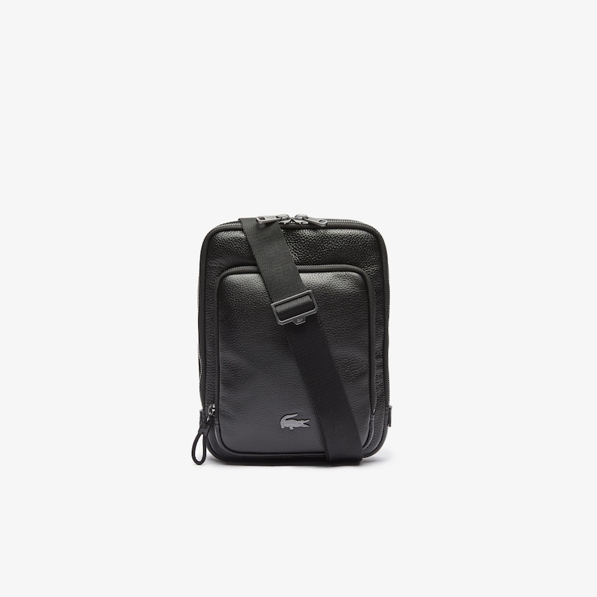 Bolsas Pretas Masculino Lacoste Soft Matte Full-Grain Leather Flat Crossbody Bag JF3-14641B9