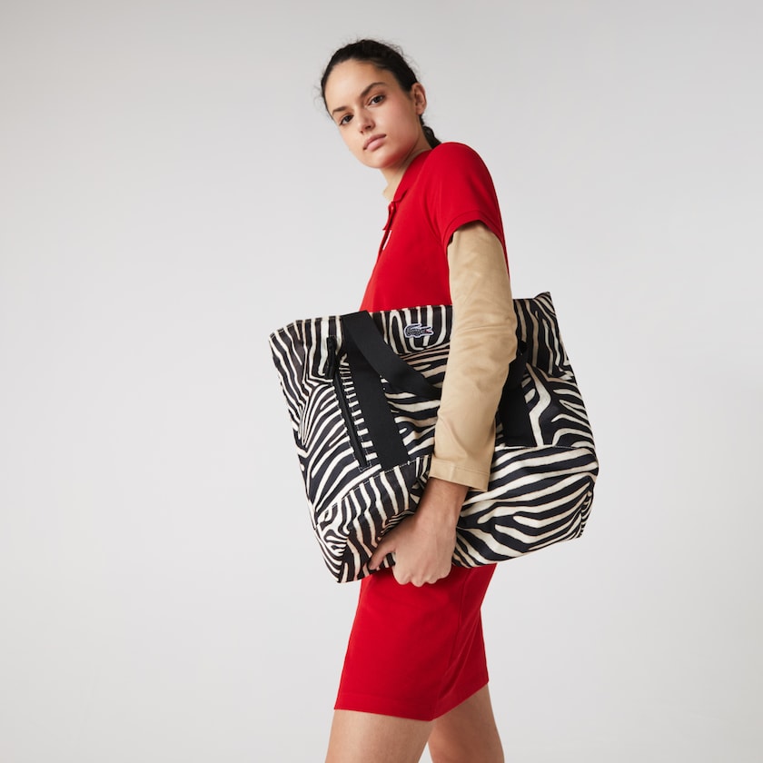 Bolsas Branco Pretas Feminino Lacoste x National Geographic Animal Print Shopper QH7-60946V2