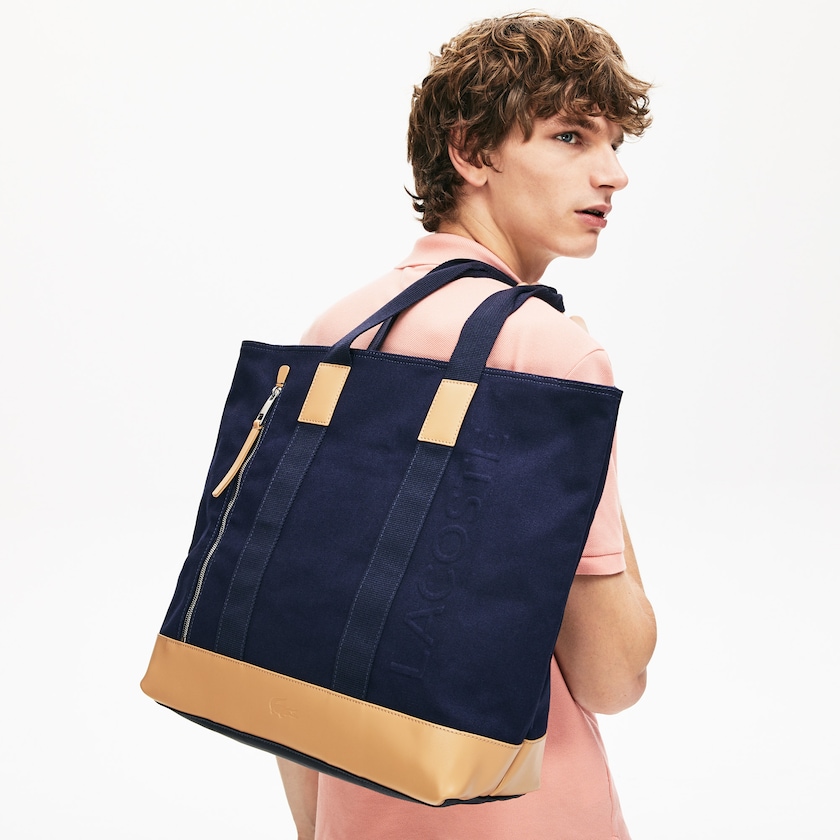 Bolsas Tote Azul Marinho Marrom Masculino Lacoste Classic Leather and Canvas AJ2-21222X7