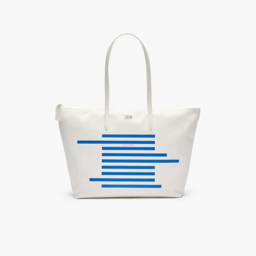 Bolsas Tote Branco Azuis Feminino Lacoste L.12.12 Nautical Stripes Large Coated Canvas RY6-44884F5