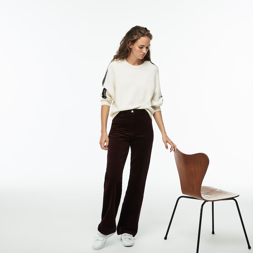 Calças Marrom Feminino Lacoste Boxy Fit Striped Cotton Velour FB3-94559S4