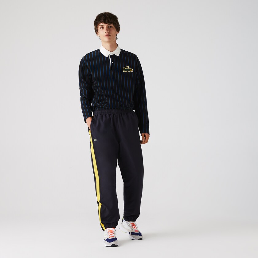 Calças Azul Marinho Azuis Amarelas Branco Masculino Lacoste Contrast Striped Water-Repellant Tracksuit GO8-22882M3