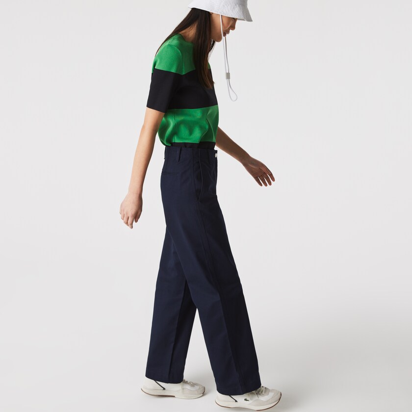Calças Azul Marinho Azuis Feminino Lacoste High-Waisted Flared Cotton PV1-61616D9