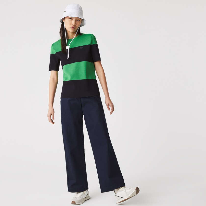Calças Azul Marinho Azuis Feminino Lacoste High-Waisted Flared Cotton PV1-61616D9
