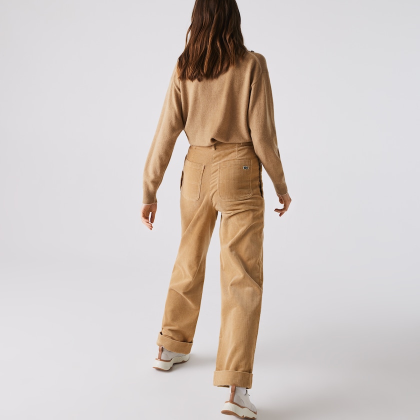 Calças Bege Feminino Lacoste LIVE High-Waisted Loose Ribbed Velvet GW4-57415K8