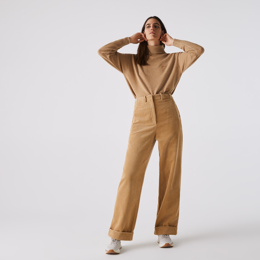 Calças Bege Feminino Lacoste LIVE High-Waisted Loose Ribbed Velvet GW4-57415K8
