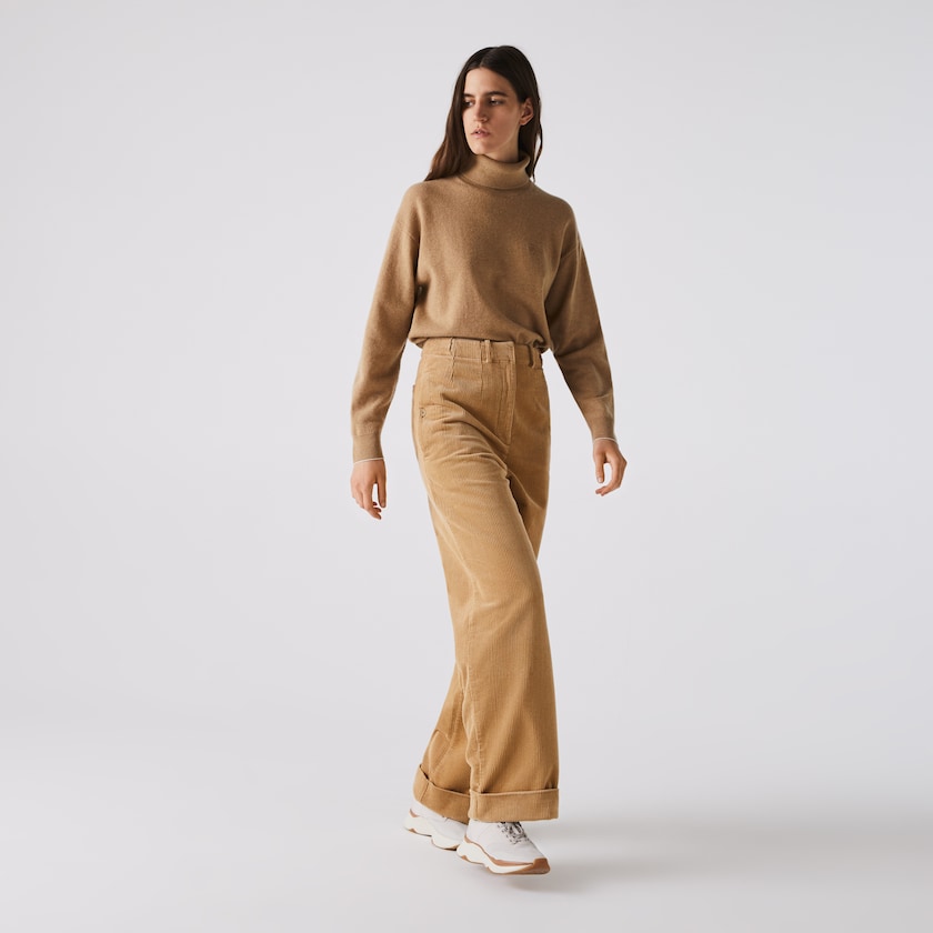 Calças Bege Feminino Lacoste LIVE High-Waisted Loose Ribbed Velvet GW4-57415K8