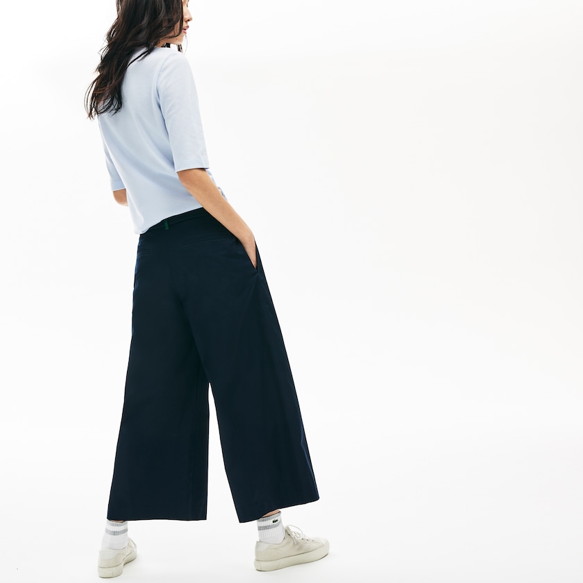 Calças Azul Marinho Azuis Feminino Lacoste Wide Cropped Cotton WG3-47944J9