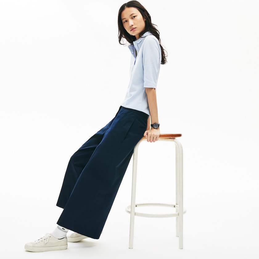 Calças Azul Marinho Azuis Feminino Lacoste Wide Cropped Cotton WG3-47944J9