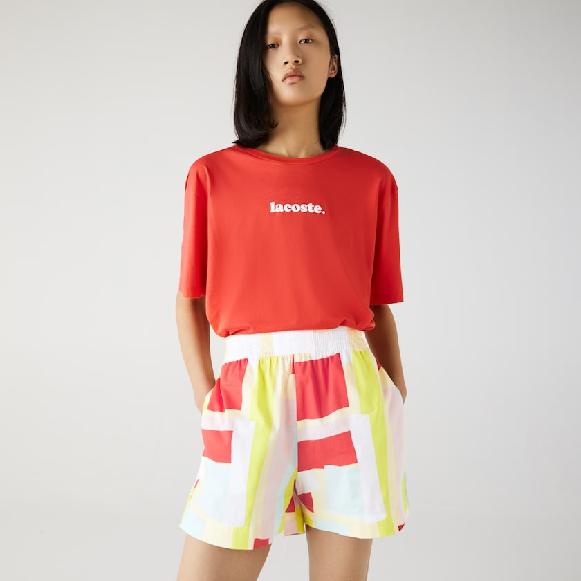Calção Amarelas Branco Feminino Lacoste Abstract-Print Cotton Poplin LY2-32383Z1