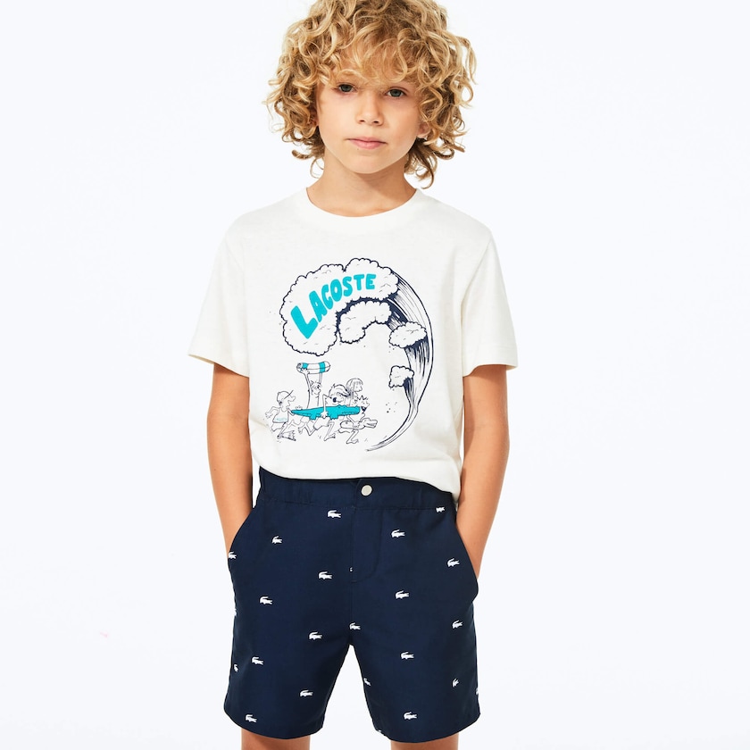 Calção Azul Marinho Azuis Branco Criança Lacoste All-Over Croc Swim Trunks JF3-91019Q3