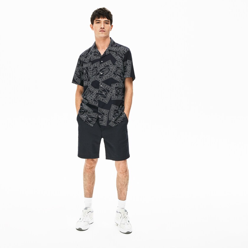 Calção Azul Marinho Azuis Branco Masculino Lacoste Pinstriped Linen- Blend Bermuda LT4-26462V8
