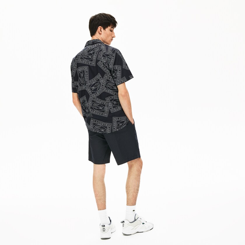 Calção Azul Marinho Azuis Branco Masculino Lacoste Pinstriped Linen- Blend Bermuda LT4-26462V8
