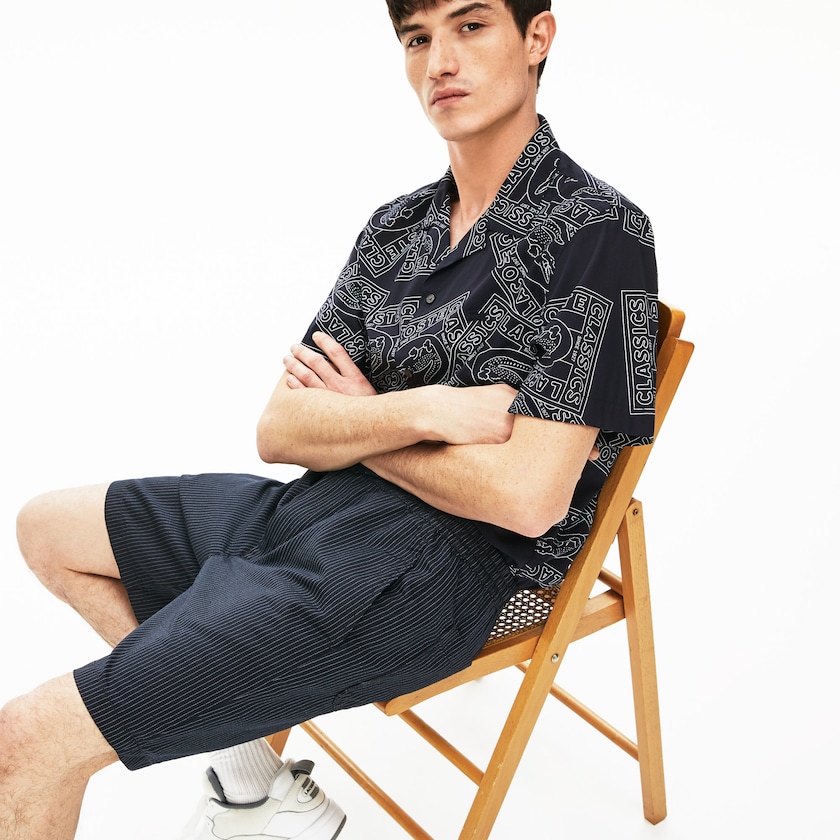 Calção Azul Marinho Azuis Branco Masculino Lacoste Pinstriped Linen- Blend Bermuda LT4-26462V8