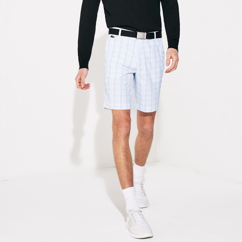 Calção Branco Azul Marinho Azuis Luz Cinzentas Turquesa Masculino Lacoste SPORT Checked Stretch Golf Bermudas KD1-15291Q1