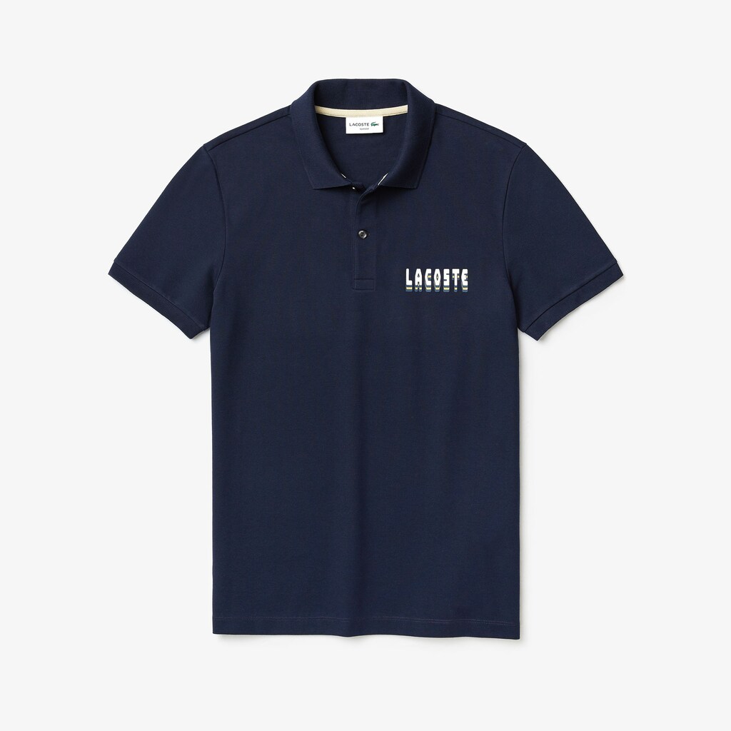 Camisa Polo Azul Marinho Azuis Masculino Lacoste 3D-Lettering Slim Fit Stretch Cotton Piqué GX6-57285E6