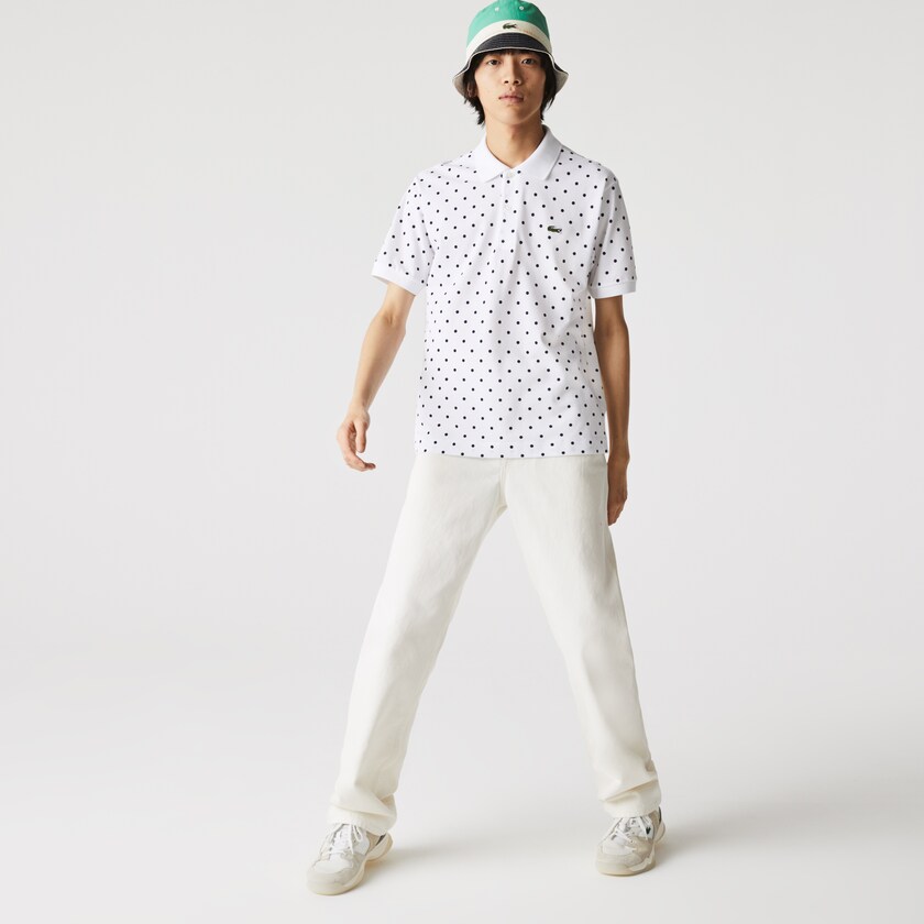 Camisa Polo Branco Azul Marinho Azuis Masculino Lacoste Classic Fit Polka Dot Cotton Piqué LV9-58225E1