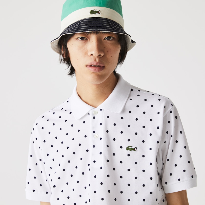 Camisa Polo Branco Azul Marinho Azuis Masculino Lacoste Classic Fit Polka Dot Cotton Piqué LV9-58225E1