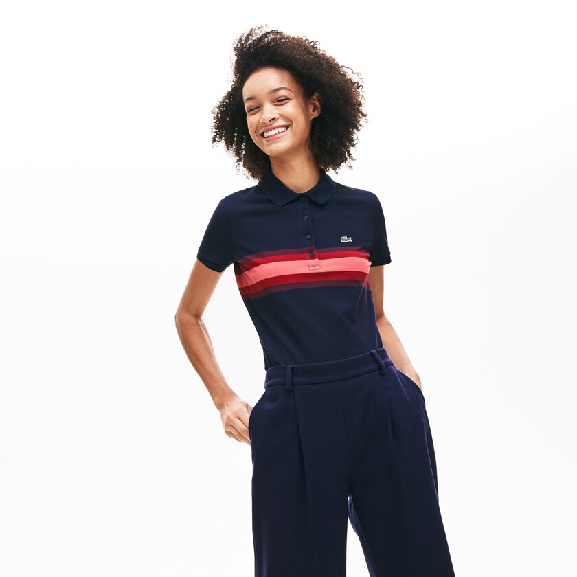 Camisa Polo Azul Marinho Azuis Vermelhas Escuro Rosa Feminino Lacoste Color Block Stripe AO1-76557O8