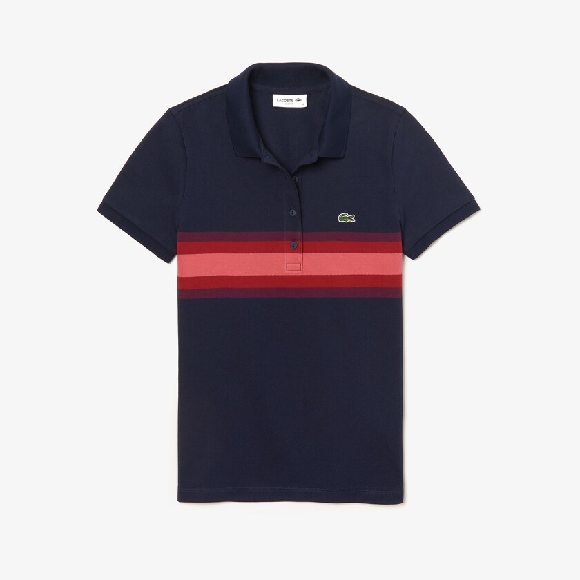 Camisa Polo Azul Marinho Azuis Vermelhas Escuro Rosa Feminino Lacoste Color Block Stripe AO1-76557O8