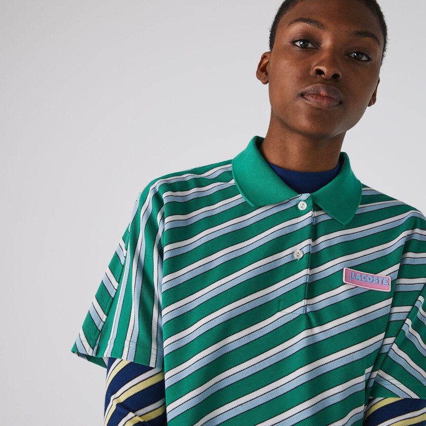 Camisa Polo Verdes Branco Feminino Lacoste LIVE Loose Fit Badge Striped Cotton Piqué HG6-45904I3