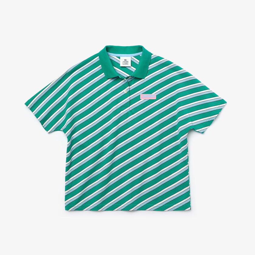 Camisa Polo Verdes Branco Feminino Lacoste LIVE Loose Fit Badge Striped Cotton Piqué HG6-45904I3