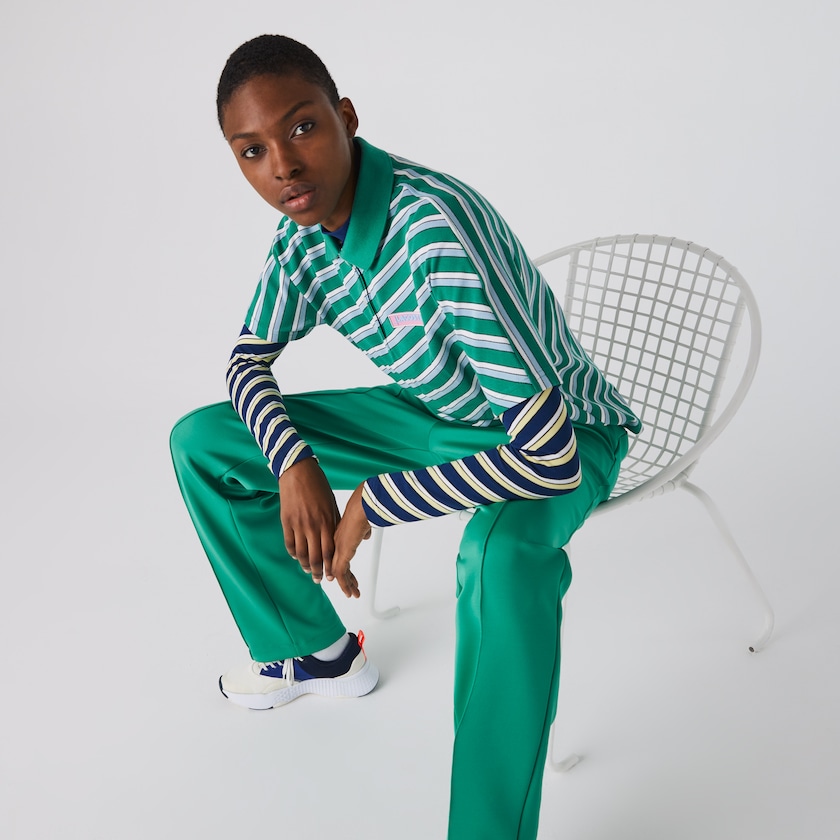 Camisa Polo Verdes Branco Feminino Lacoste LIVE Loose Fit Badge Striped Cotton Piqué HG6-45904I3