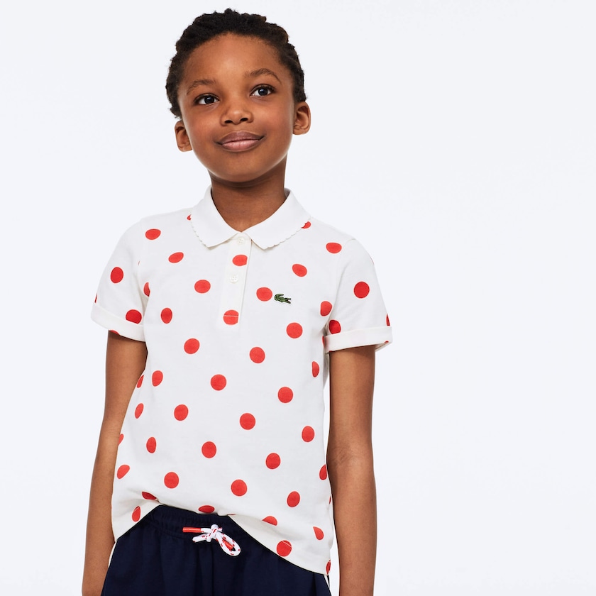 Camisa Polo Branco Vermelhas Criança Lacoste Polka Dot Scalloped Collar Cotton Petit Piqué VM5-92499B2