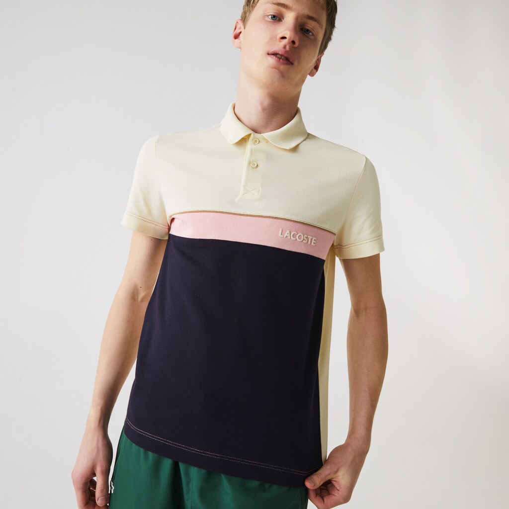 Camisa Polo Bege Azul Marinho Azuis Rosa Masculino Lacoste Regular Fit Colorblock Cotton Piqué UG0-20572I2