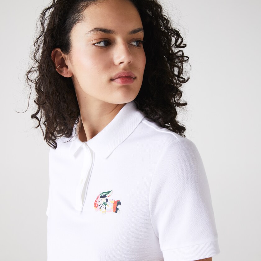 Camisa Polo Branco Feminino Lacoste Regular Fit Colored Crocodile Flowy Piqué EK6-10761S4