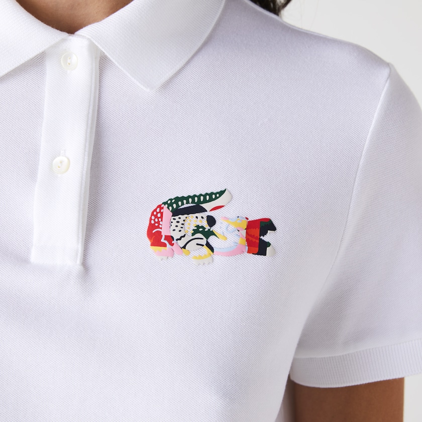 Camisa Polo Branco Feminino Lacoste Regular Fit Colored Crocodile Flowy Piqué EK6-10761S4