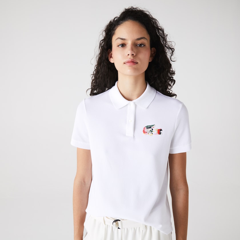 Camisa Polo Branco Feminino Lacoste Regular Fit Colored Crocodile Flowy Piqué EK6-10761S4