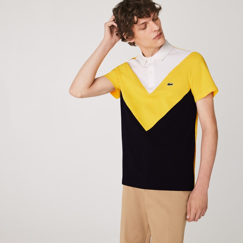 Camisa Polo Azul Marinho Azuis Amarelas Branco Masculino Lacoste Regular Fit Geometric Colorblock Piqué LR7-28502B9