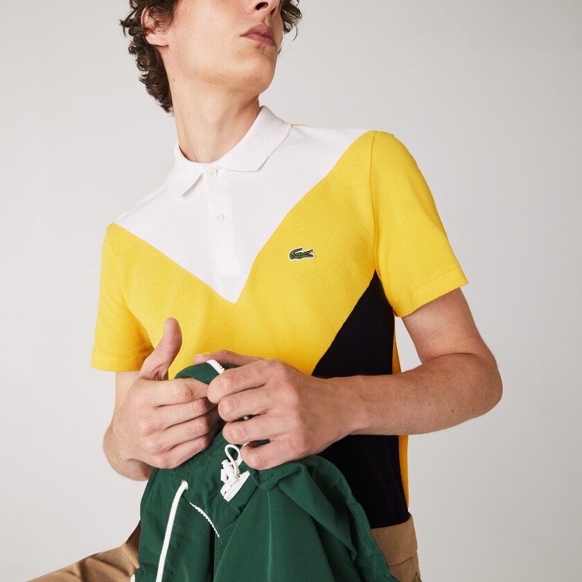 Camisa Polo Azul Marinho Azuis Amarelas Branco Masculino Lacoste Regular Fit Geometric Colorblock Piqué LR7-28502B9