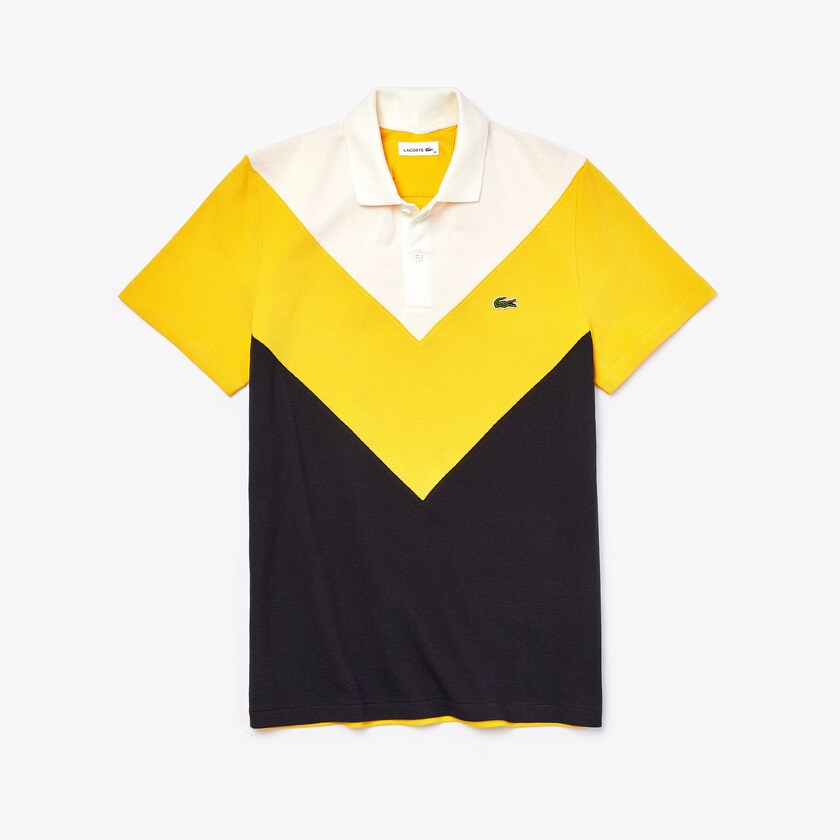 Camisa Polo Azul Marinho Azuis Amarelas Branco Masculino Lacoste Regular Fit Geometric Colorblock Piqué LR7-28502B9