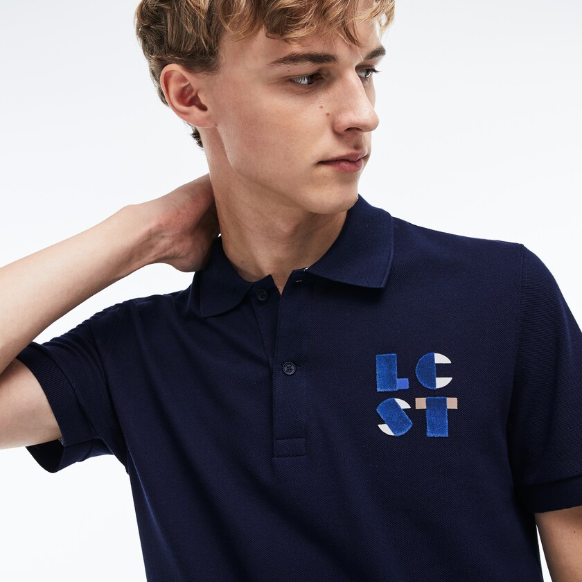 Camisa Polo Azul Marinho Azuis Masculino Lacoste Regular Fit LCST Lettering Petit Piqué QO6-58015K4