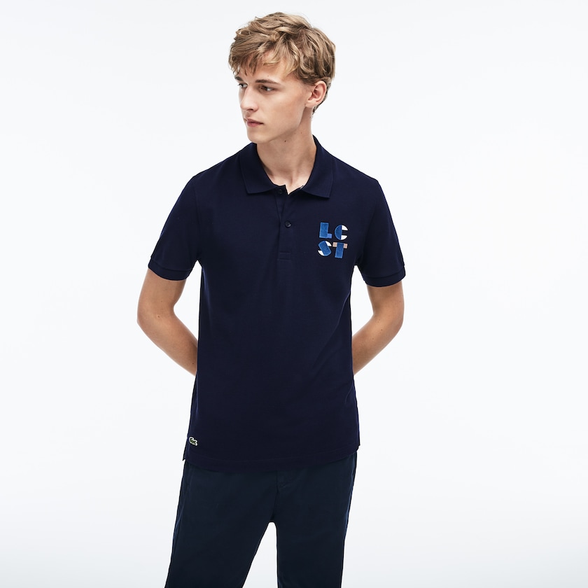 Camisa Polo Azul Marinho Azuis Masculino Lacoste Regular Fit LCST Lettering Petit Piqué QO6-58015K4