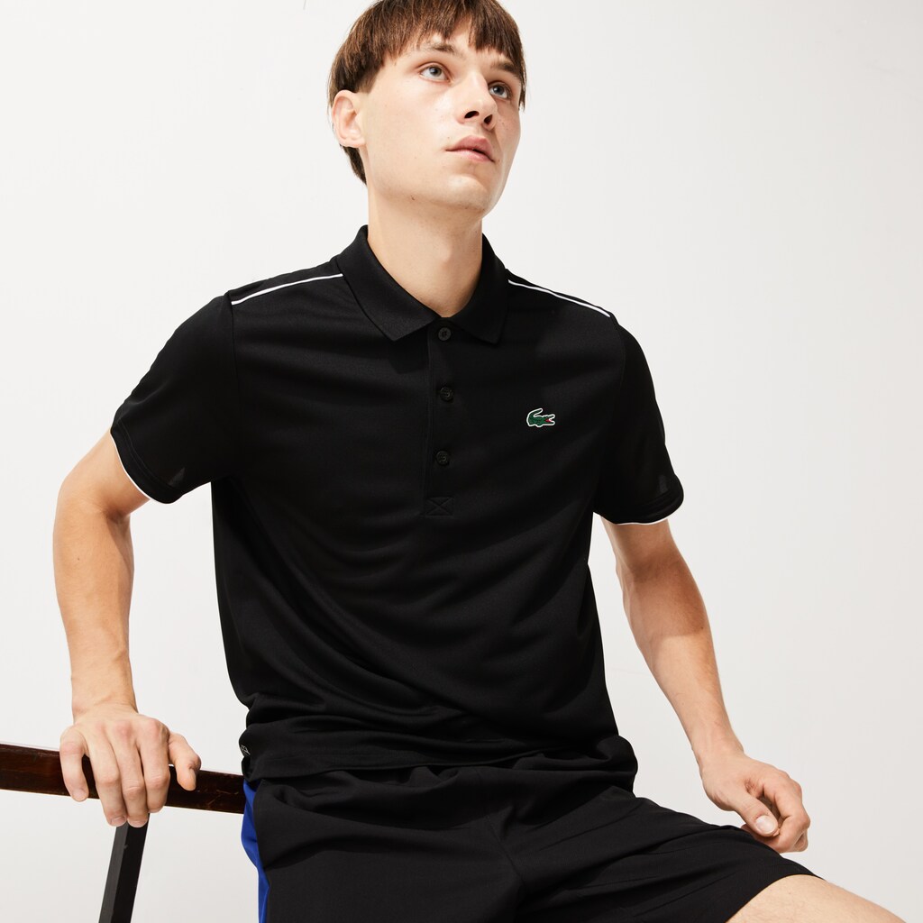 Camisa Polo Pretas Branco Masculino Lacoste SPORT Contrast Piping Breathable Piqué OC5-75477W3