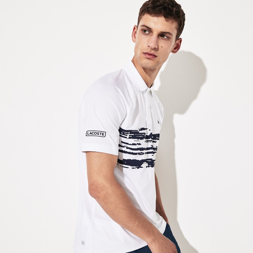 Camisa Polo Branco Azul Marinho Azuis Masculino Lacoste SPORT Novak Djokovic Stretch Print Jersey OO3-66386M2