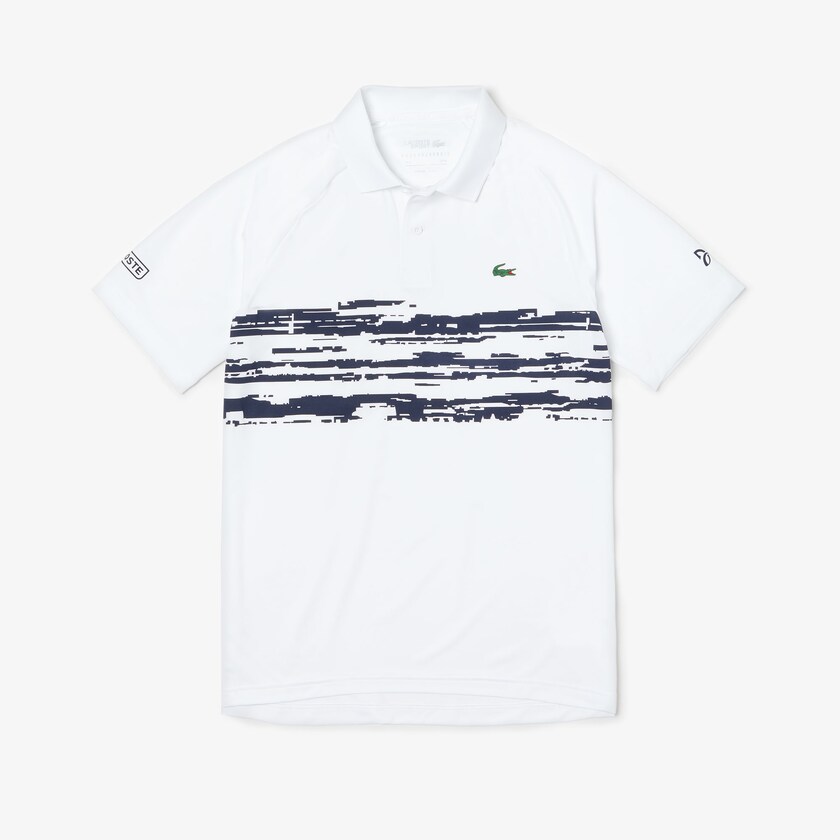 Camisa Polo Branco Azul Marinho Azuis Masculino Lacoste SPORT Novak Djokovic Stretch Print Jersey OO3-66386M2