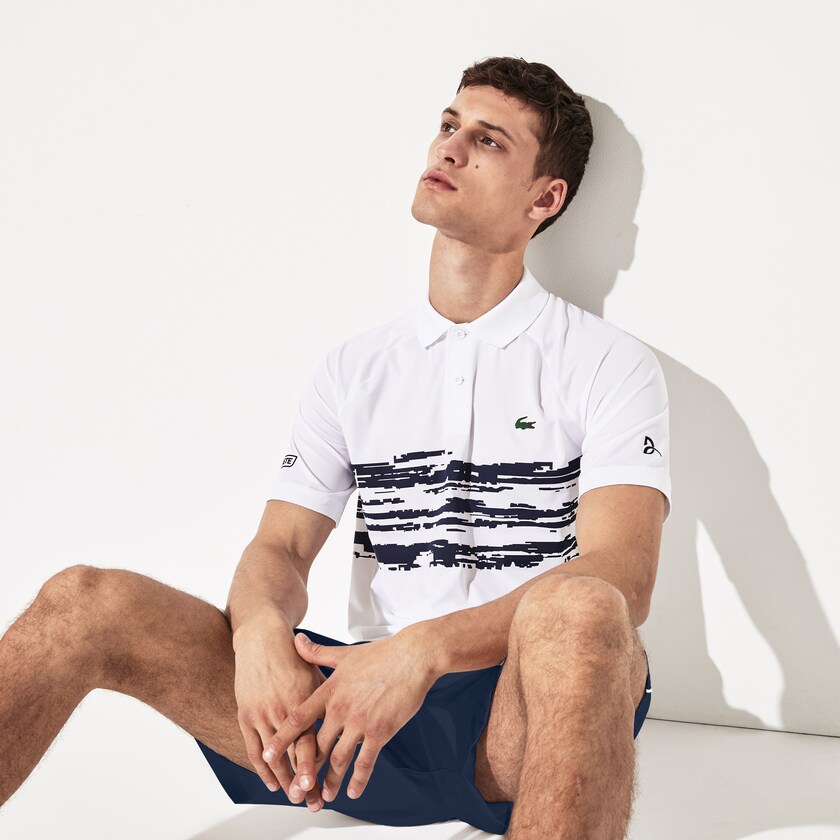 Camisa Polo Branco Azul Marinho Azuis Masculino Lacoste SPORT Novak Djokovic Stretch Print Jersey OO3-66386M2