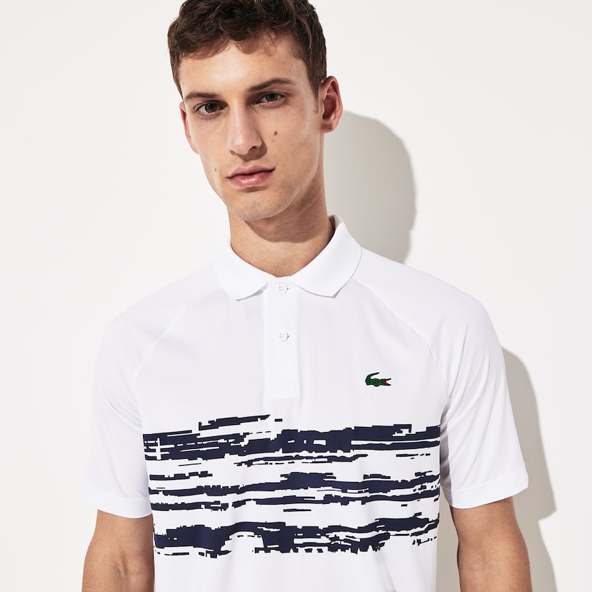 Camisa Polo Branco Azul Marinho Azuis Masculino Lacoste SPORT Novak Djokovic Stretch Print Jersey OO3-66386M2