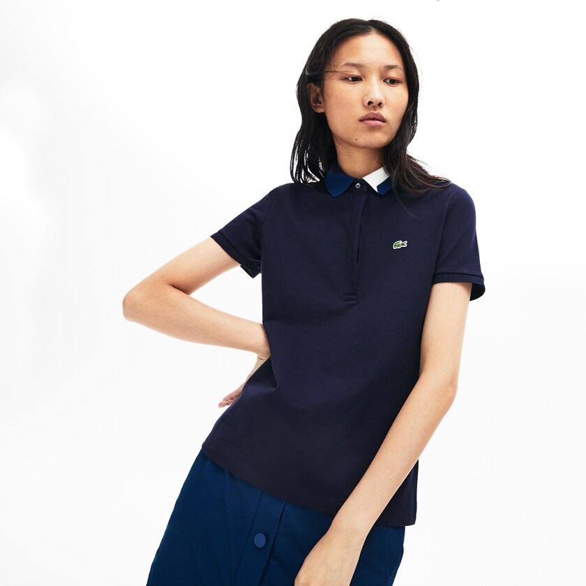 Camisa Polo Azul Marinho Azuis Feminino Lacoste Slim Fit Stretch Piqué FI6-70917B3