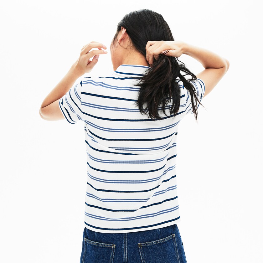 Camisa Polo Branco Azuis Azul Marinho Azuis Feminino Lacoste Slim Fit Striped Stretch Piqué CC5-27312G5