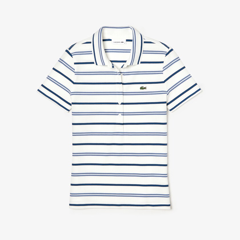 Camisa Polo Branco Azuis Azul Marinho Azuis Feminino Lacoste Slim Fit Striped Stretch Piqué CC5-27312G5