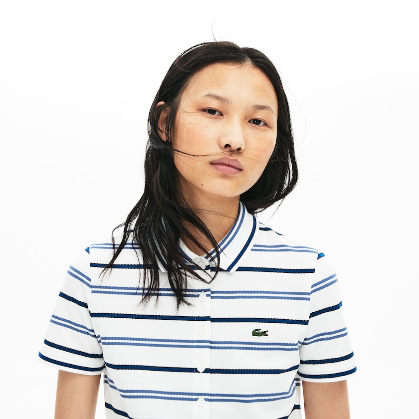 Camisa Polo Branco Azuis Azul Marinho Azuis Feminino Lacoste Slim Fit Striped Stretch Piqué CC5-27312G5