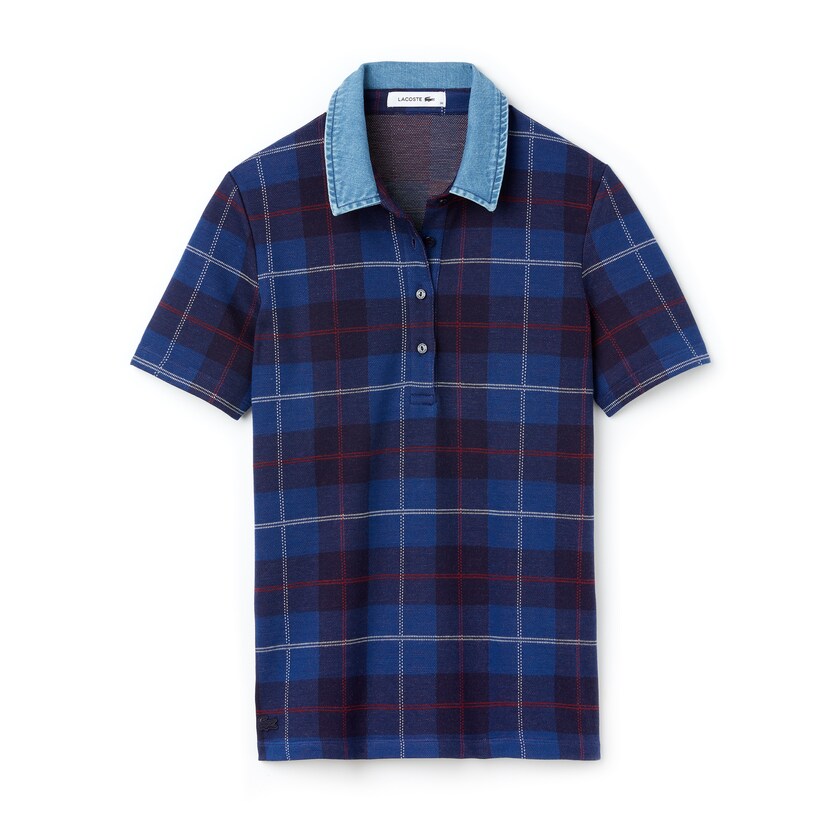 Camisa Polo Azul Marinho Azuis Azuis Feminino Lacoste Tartan Check Cotton Jacquard UF3-47394B9