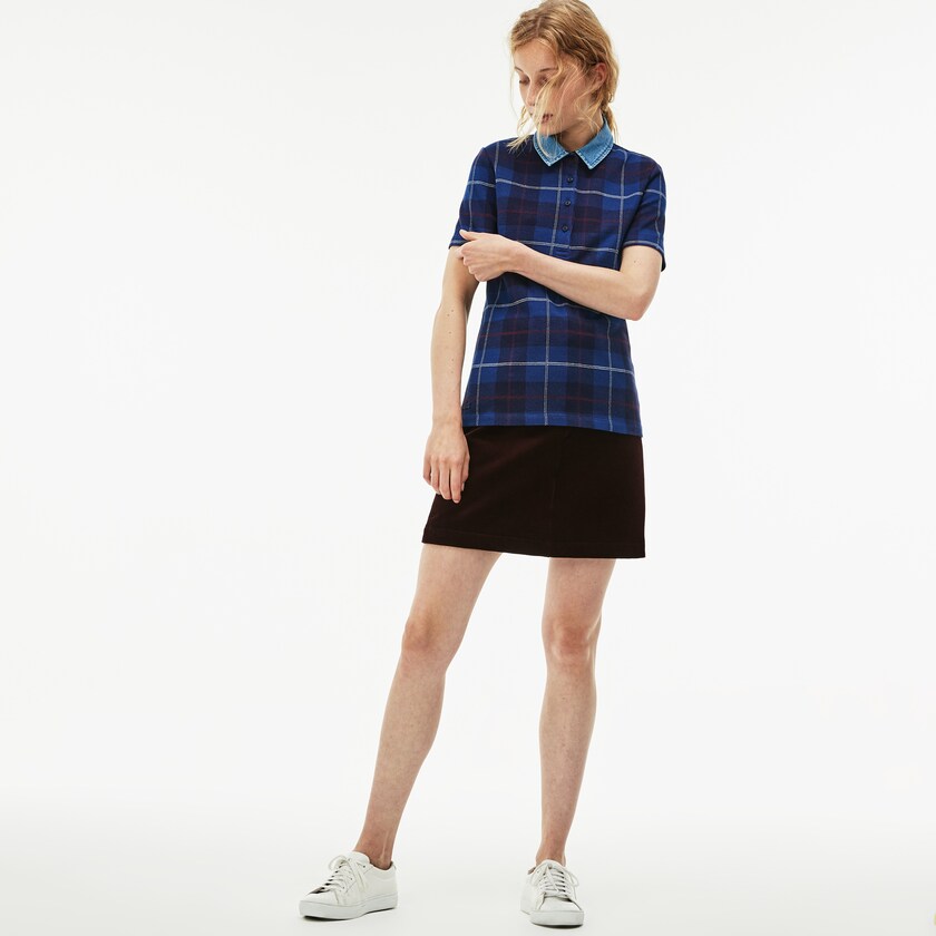 Camisa Polo Azul Marinho Azuis Azuis Feminino Lacoste Tartan Check Cotton Jacquard UF3-47394B9